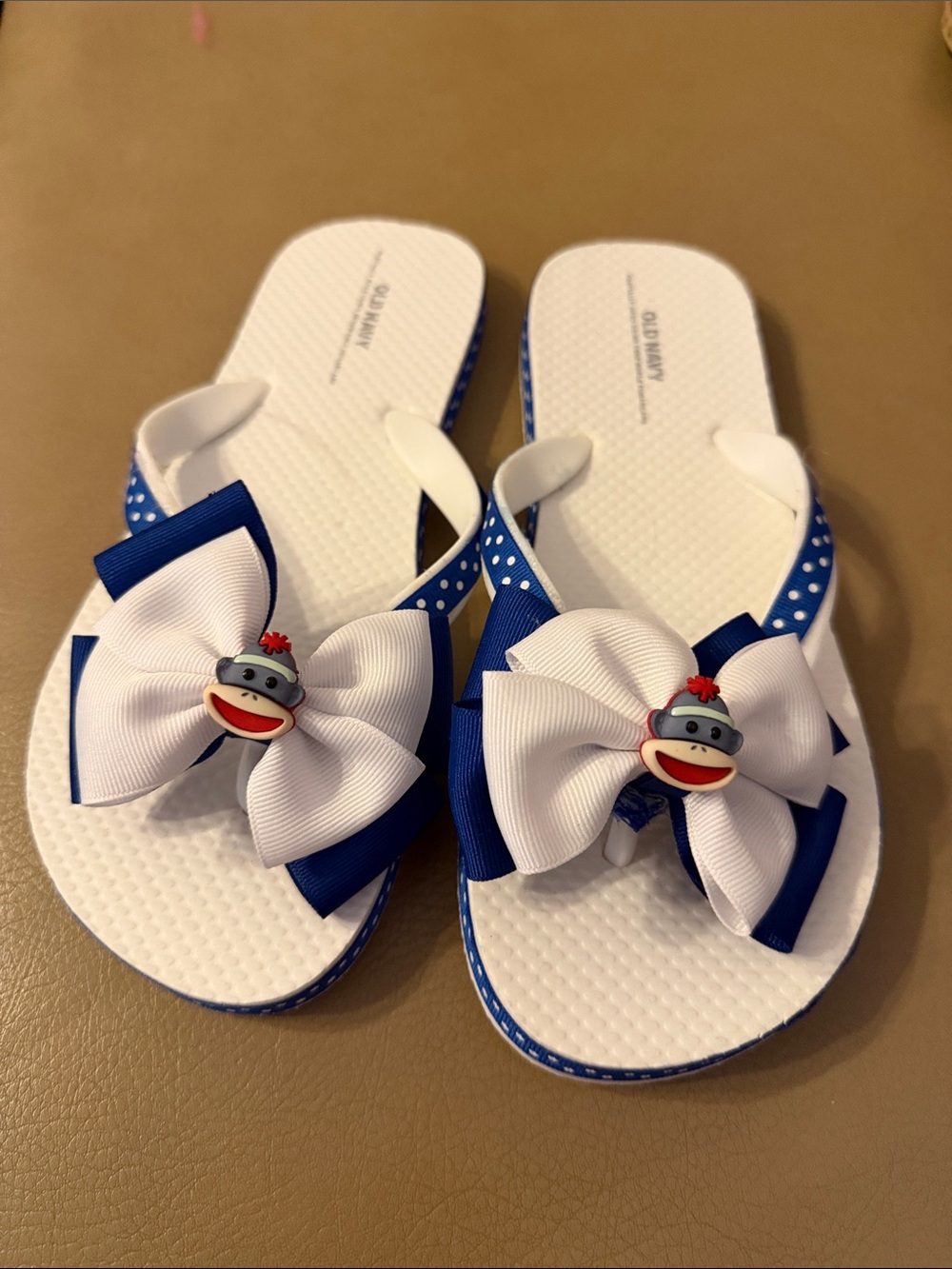 Old Navy White & Blue Girls' Bow Flip Flops with Sock Monkey Accent